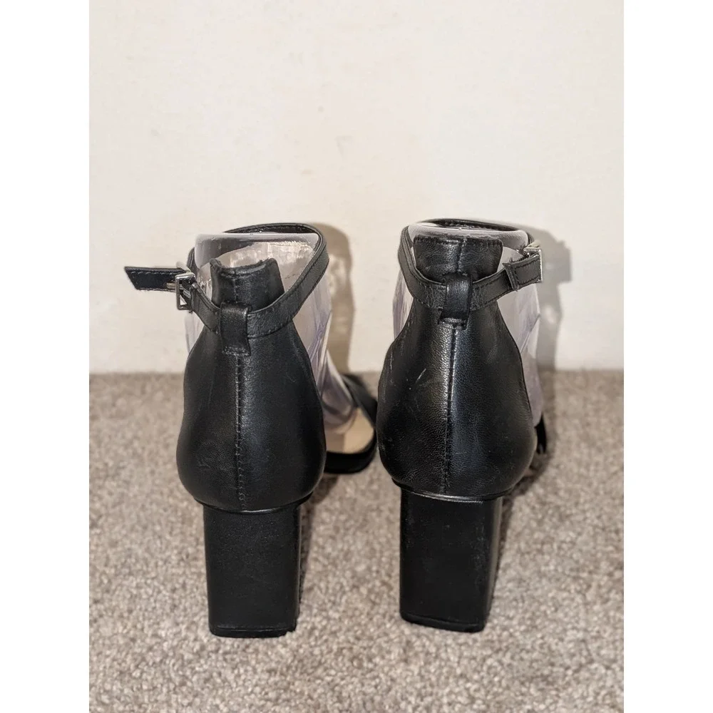 Vince Camuto Black Leather Ankle Strap Block Heel Sandals Square Toe Womens 6.5M